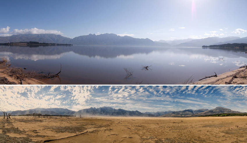 Top, Theewaterskloof dam in 2014; Bottom, this week